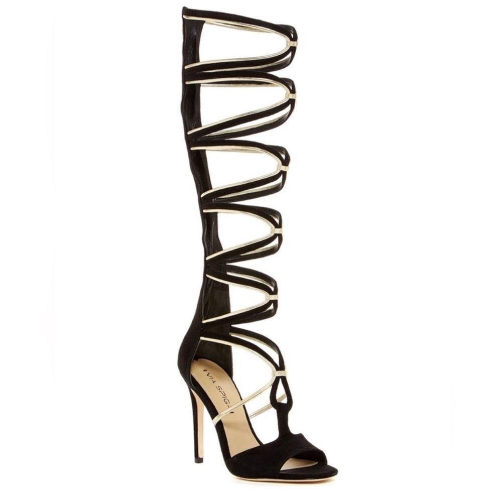 Via Spiga•Tammryn suede gladiator sandal heel black and gold